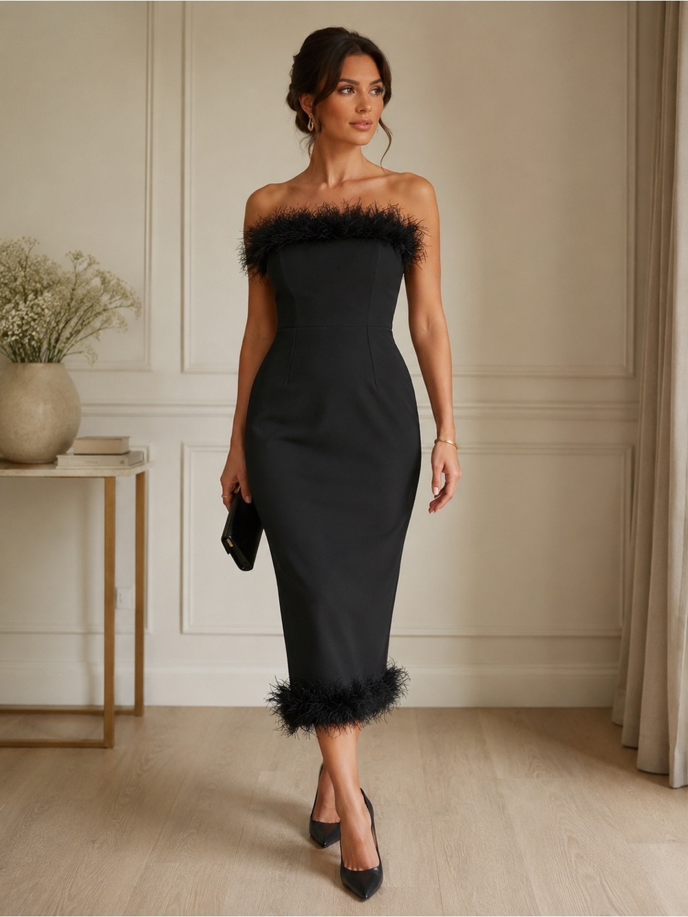 Strapless Black Feather-Trim Sheath Dress Size Medium